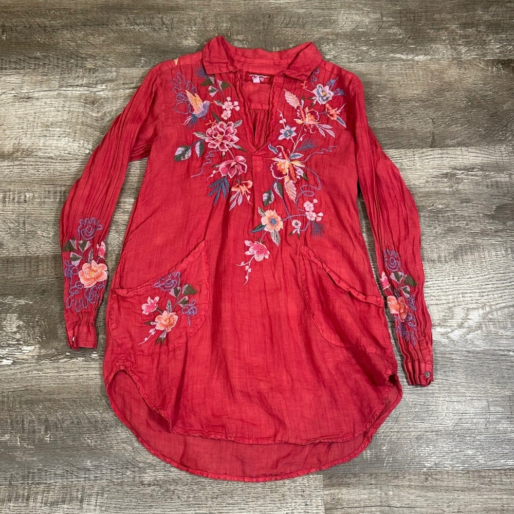 Johnny Was Workshop Red Ramie Floral Embroidered Tunic Top W22422-4 XS